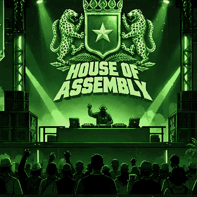 Green-lit stage under a crest flanked by two leopards, a DJ above the crowd