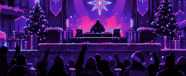 Festive pixel-art stage with Christmas trees, a glowing star and a crowd