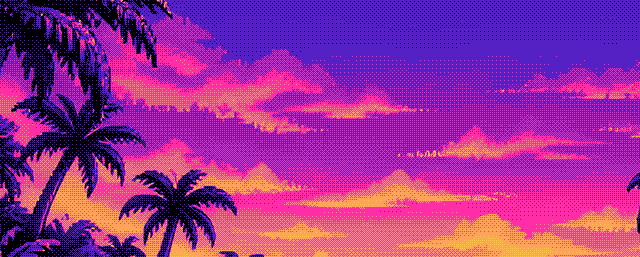Pixel-art sunset over the sea with palm trees in silhouette