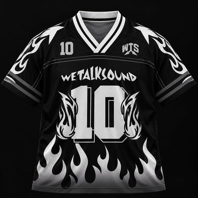 Black WeTalkSound 10th anniversary jersey with white flames and a big number 10