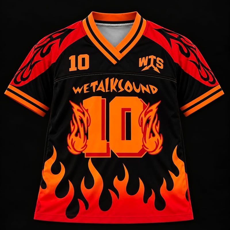 Black, red and orange WeTalkSound 10th anniversary jersey with flames and a big number 10