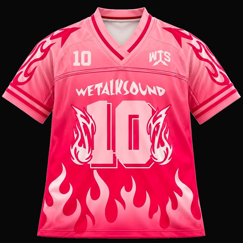 Pink WeTalkSound 10th anniversary jersey with flame print and a big number 10